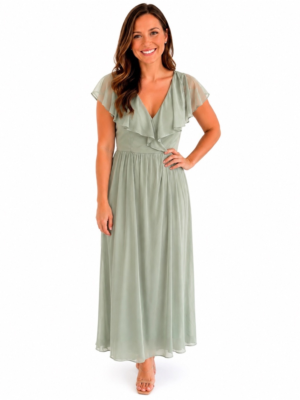 Azazie Sage Green Ruffle V-Neck Maxi Dress
